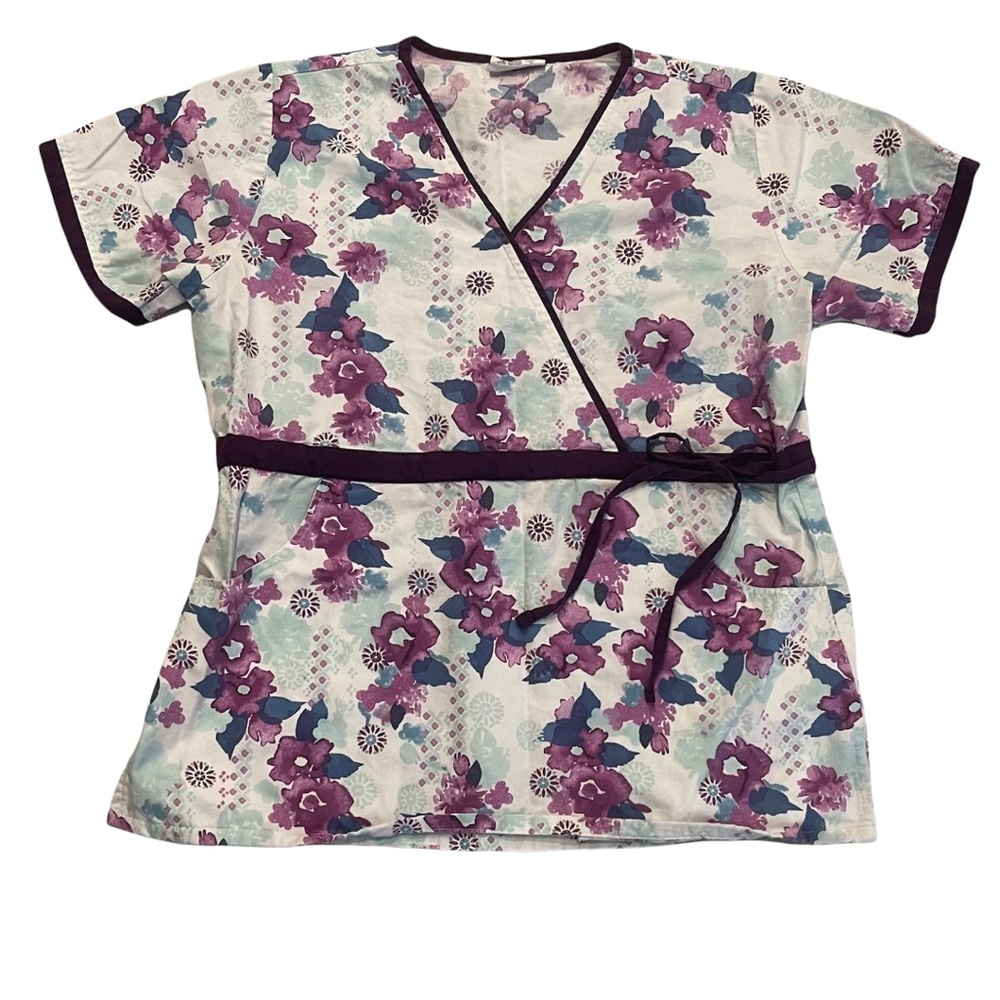 UA Scrubs Short Sleeve Floral Scrubs Top V-Neck Drawstring waist
